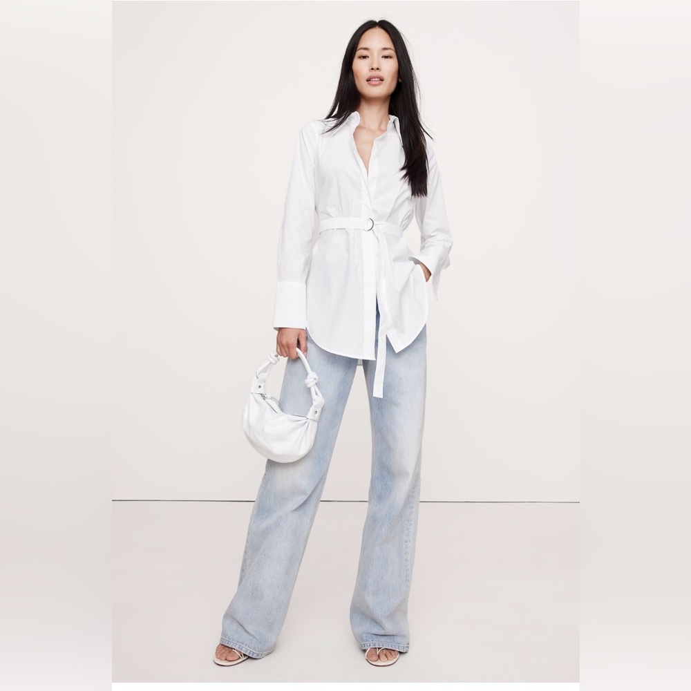 NWT-Banana Republic White Cotton Poplin Belted Tunic Shirt, Extra Small
